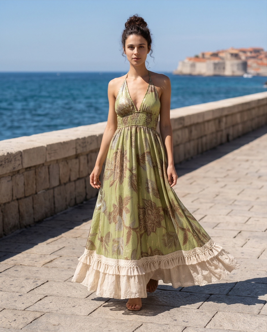 vestido bohemio maxi verde oliva