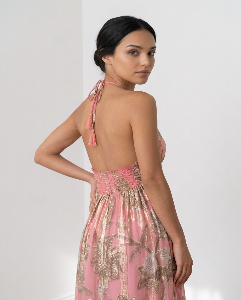 vestido bohemio rosa pastel con estampado metalizado dorado