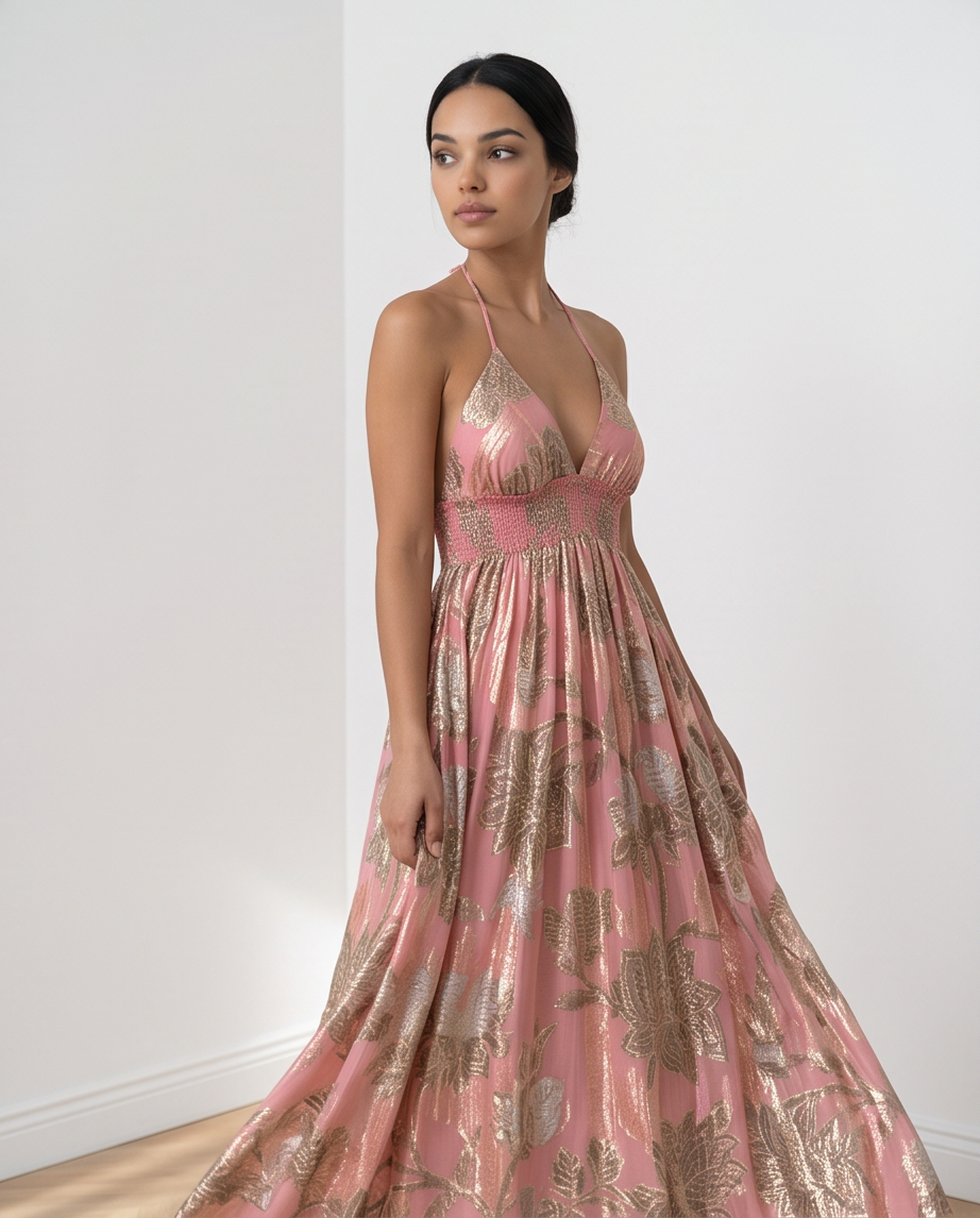 vestido bohemio rosa pastel con estampado metalizado dorado