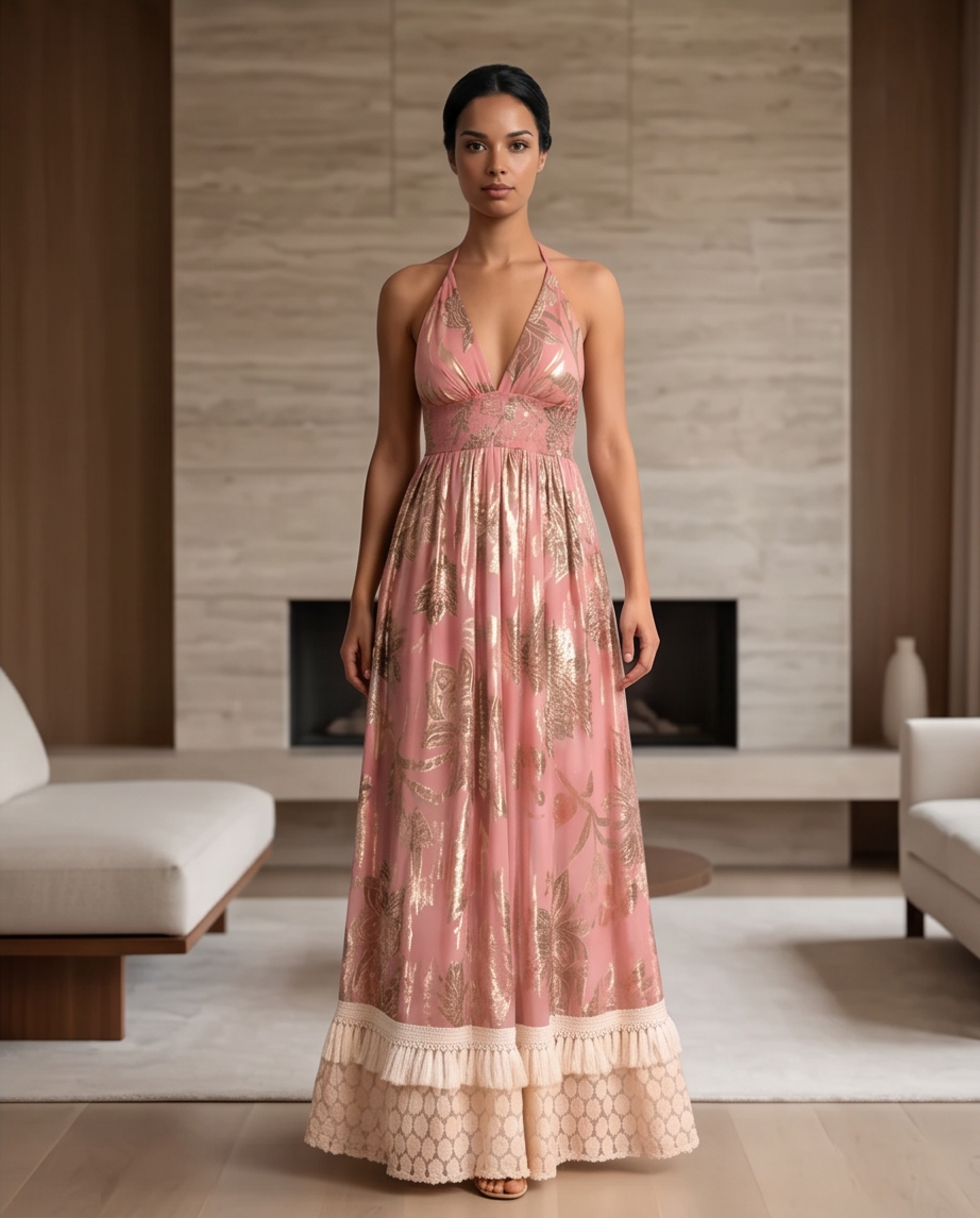 vestido bohemio rosa pastel con estampado metalizado dorado