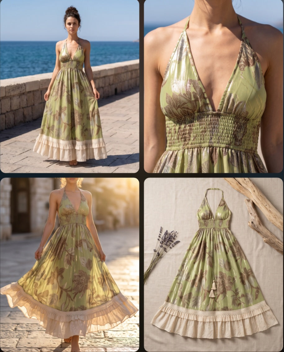 vestido bohemio maxi verde oliva