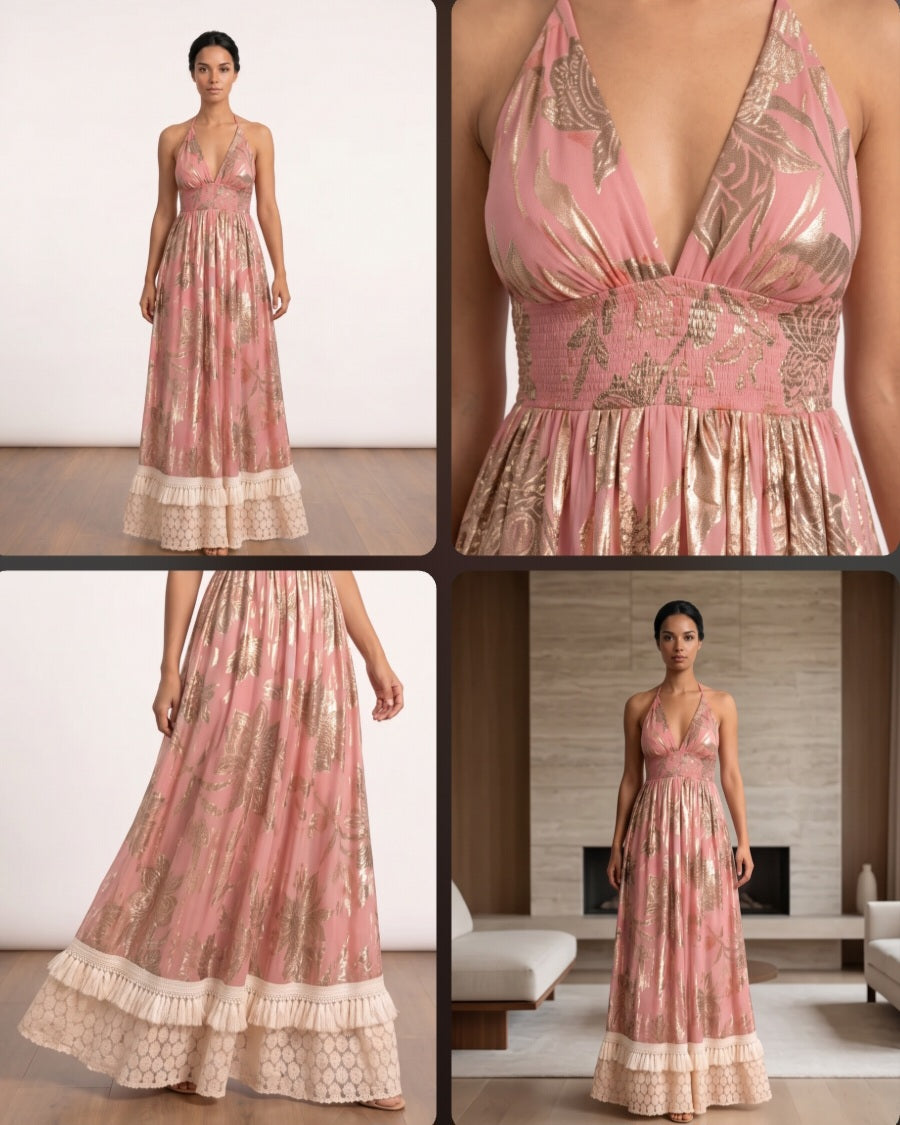 vestido bohemio rosa pastel con estampado metalizado dorado