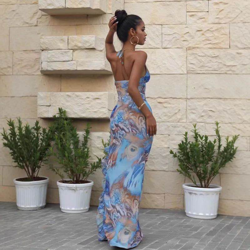 vestido maxi con estampado azul
