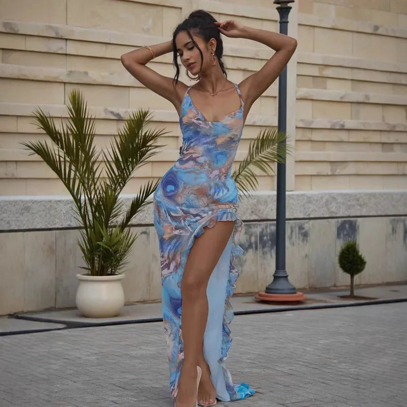 vestido maxi con estampado azul
