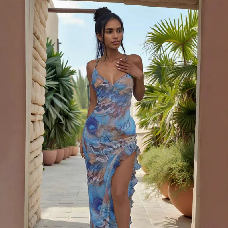 vestido maxi con estampado azul