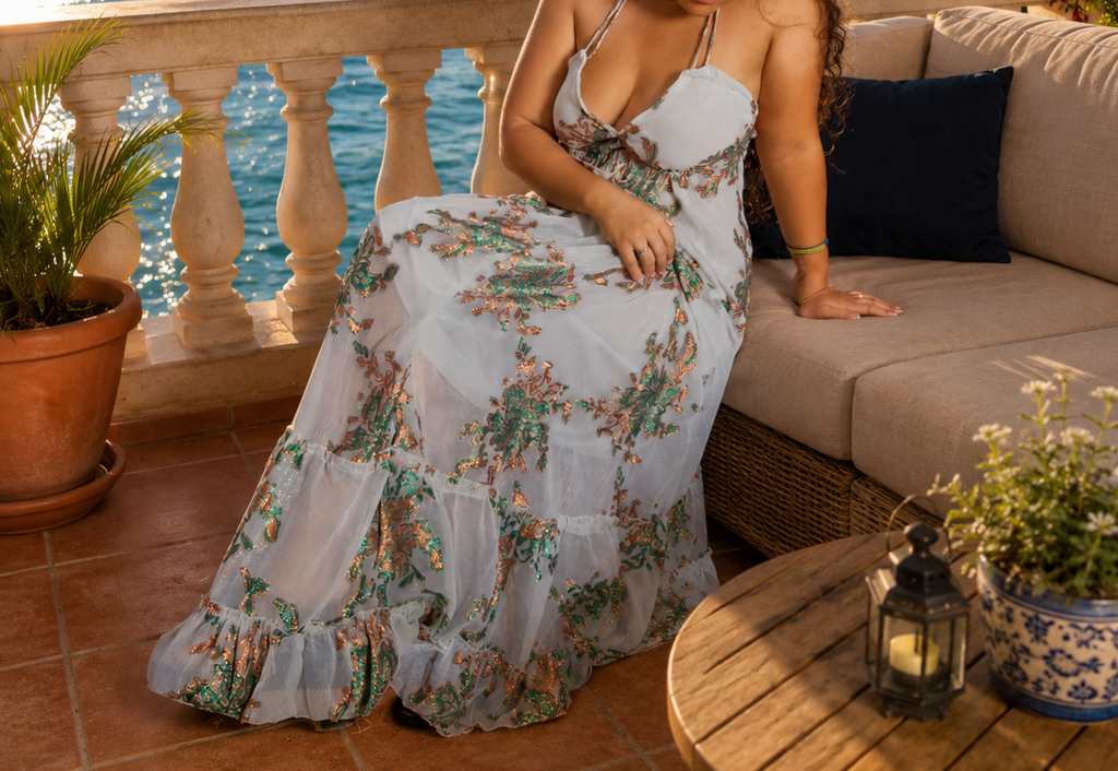 Vestido bohemio estampado verde y blanco
